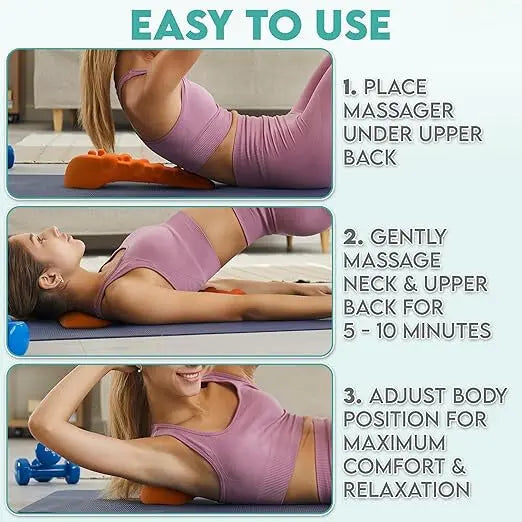 Diagram showing how to use the massager by laying back and letting natural weight create a gentle experience