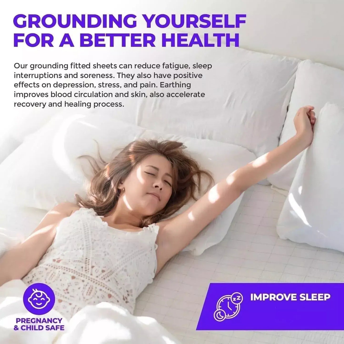 Customer testimonial highlighting improved sleep after using the grounding bed sheet