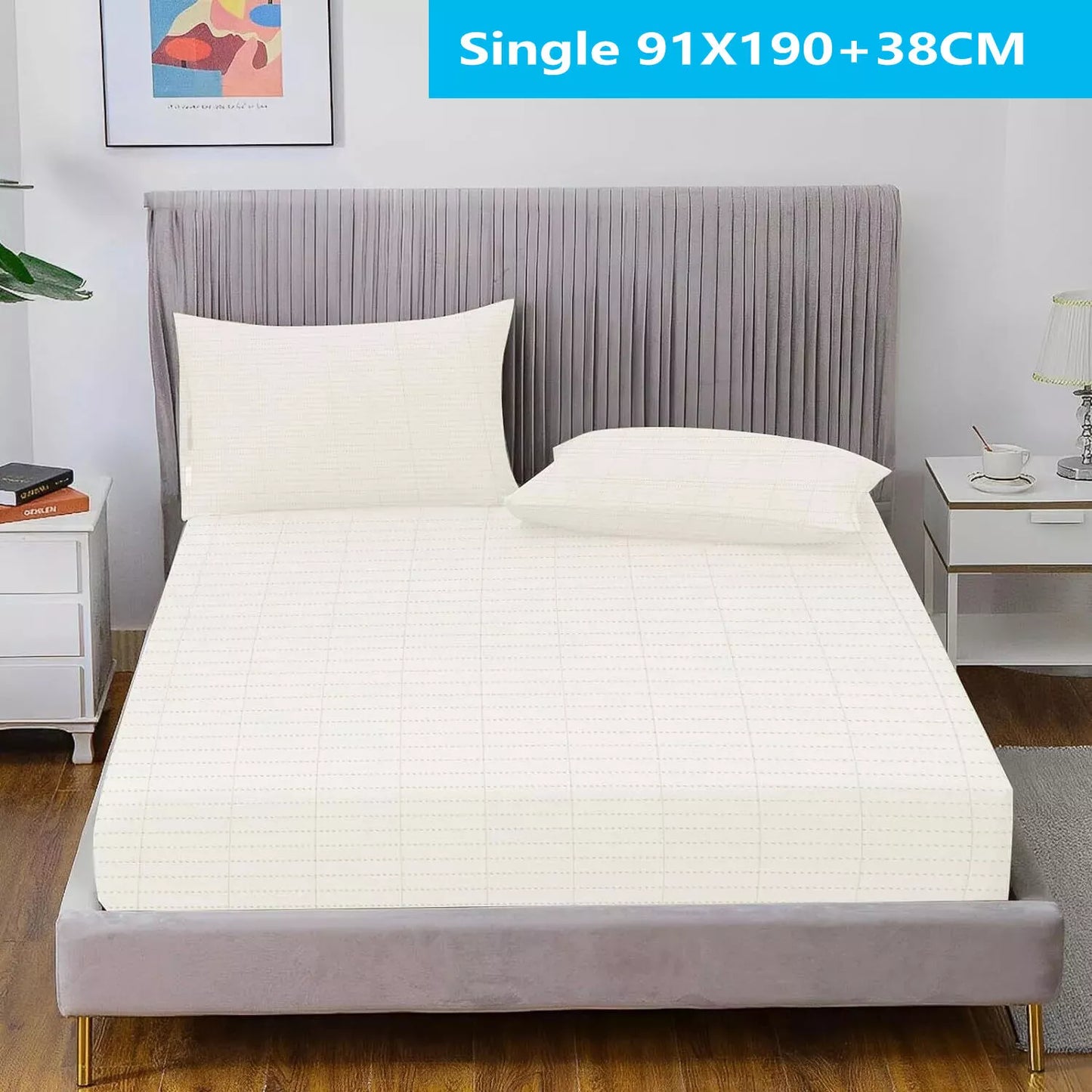 Lifestyle image showing the grounding bed sheet in a modern bedroom setting.