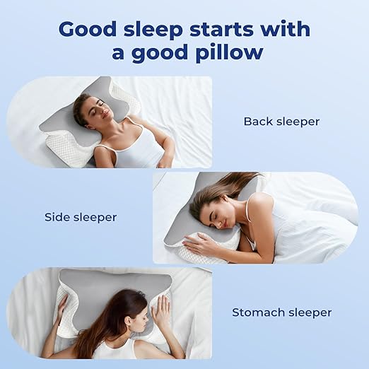 Diagram showing proper sleeping positions using the cervical pillow.