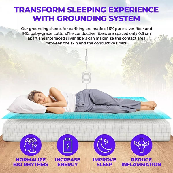 User sleeping peacefully on grounding bed sheet, emphasizing improved sleep quality.